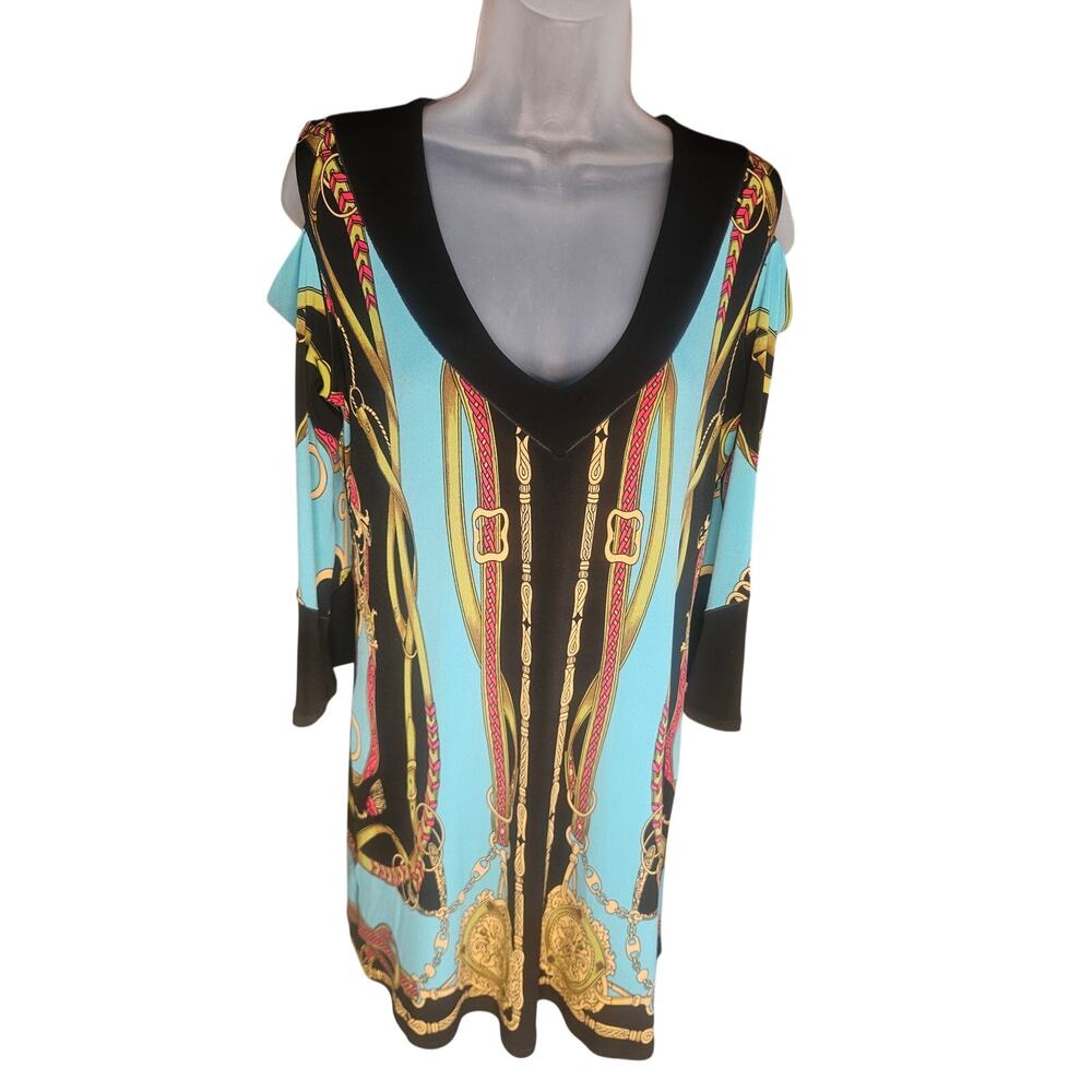 Eva Varro Multi Color Dress Tunic Sz M "Versace Style" Cut Out Shoulders Vneck - Picture 3 of 8